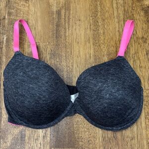 PINK Victoria's Secret Heather Charcoal Contour Bra with Hot Pink Straps